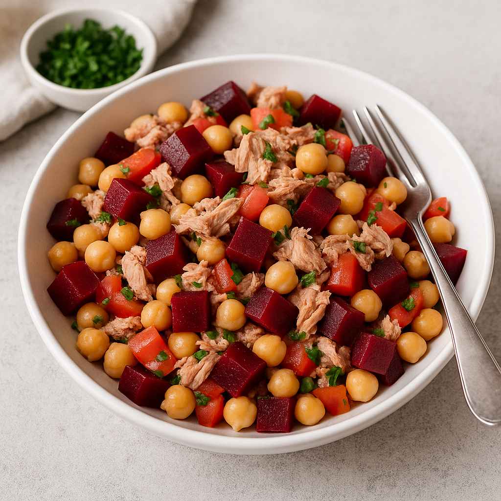 Ensalada de garbanzos y atún con remolacha